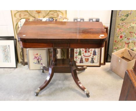 Regency Mahogany Fold-Over Card Table with Green Baise Inset Playing Surface raised on four turned column supports and four s