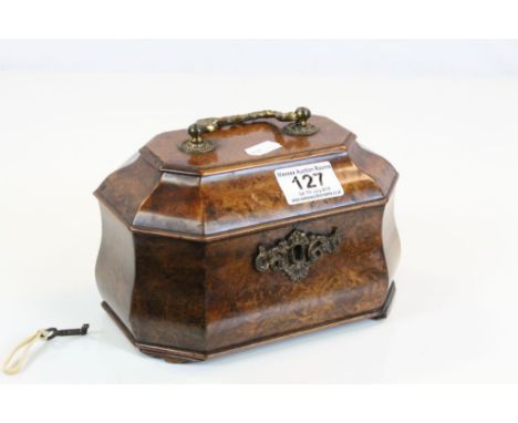 Georgian Burr Walnut & Oak Tea Caddy, converted to a Jewellery box, with key