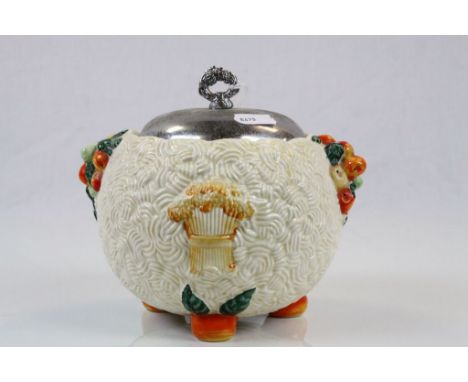 Clarice Cliff Biscuit Barrel in "Celtic Harvest" pattern, with chrome lid