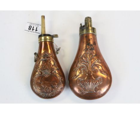 Two Brass and Copper Powder Flasks, one with a Hunting theme