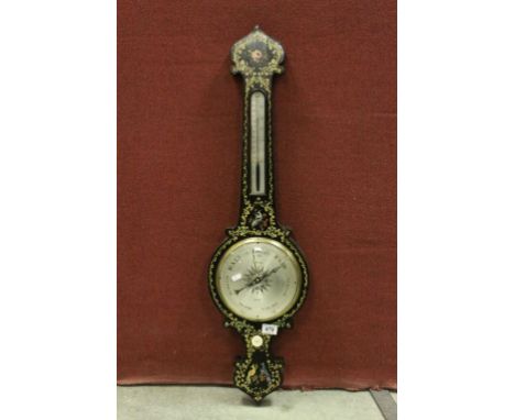 19th century Banjo Barometer / Thermometer, the silvered face marked P Gally, Leeds, contained in a Black Painted Case with B