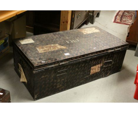 Large Metal Travelling Trunk with some luggage labels