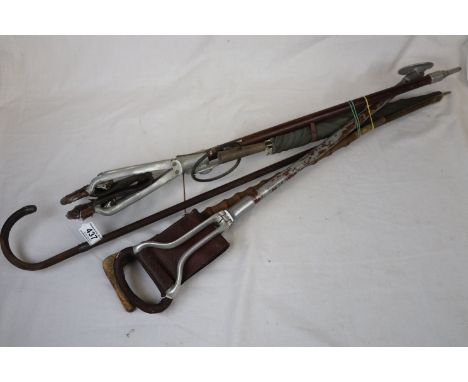 Walking Stick with Silver Band, Hunting Crop with Horn Handle and Two Shooting Sticks