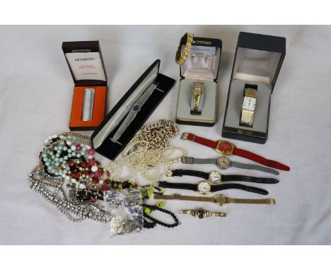 Small collection of costume jewellery and vintage wristwatches to include diamante necklaces, circa 1950s simulated pearl nec