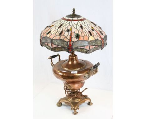 Twin handled Copper Samovar converted to a Lamp, with Large Tiffany style Glass shade featuring Dragonflies