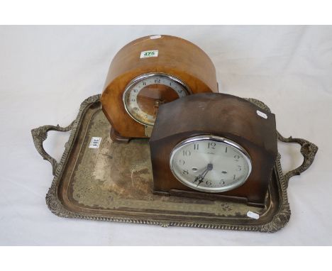 1930's Walnut Cased Presentation Mantle Clock, Oak Cased Mantle Clock and a Large Silver Plated Two Handled Serving Tray