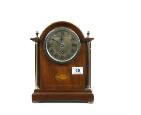 Inlaid Edwardian Wooden Mantle clock with key & pendulum, the movement marked "Newbridge Bath"