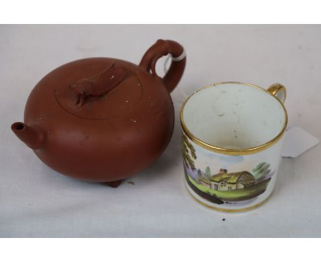 Yixing Terracotta Teapot with Cicada to lid and impressed seal mark & a 19th Century hand painted mug with Cottage scene
