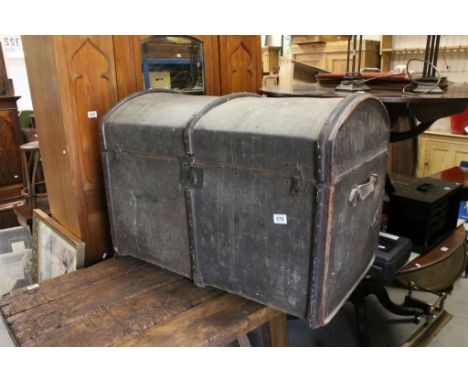 Large Wooden Bound and Canvas Covered Dome Top Travelling Trunk