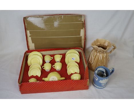 1973 Wedgewood Jasper ware Christmas mug, a falcon Ware jug and a boxed child's Tea set