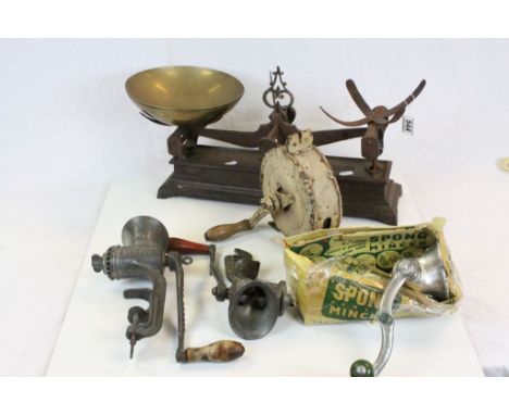 Three Vintage Mincers including a Spong, Spong Red Seal Rotary Knife Polisher and Set of Scales