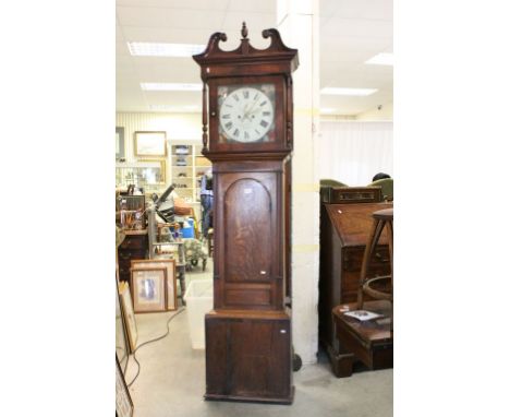 19th century Oak and Mahogany 8 Day Longcase Clock, the painted face marked Rufsell &amp; Vickers, Lancaster, the four spandr