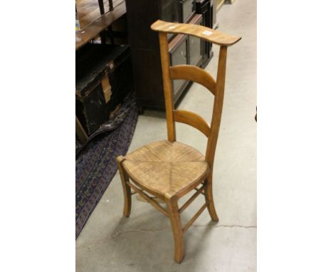 19th century Ladder Back Prayer Chair with String Seat, the back rail carved BS