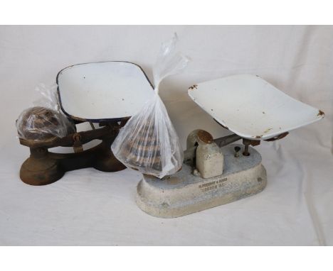 Two vintage sets of Kitchen Scales with Enamel bowls and two framed & glazed Watercolour Landscapes by Ada Puzey plus another