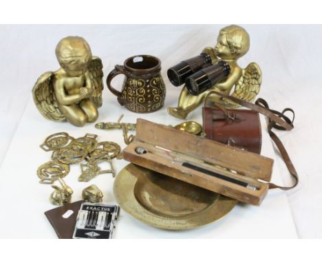 Mixed collectables to include a "Tax the Rich" slipware mug with Toad inside, brassware and a leather cased pair of Lumiere 1