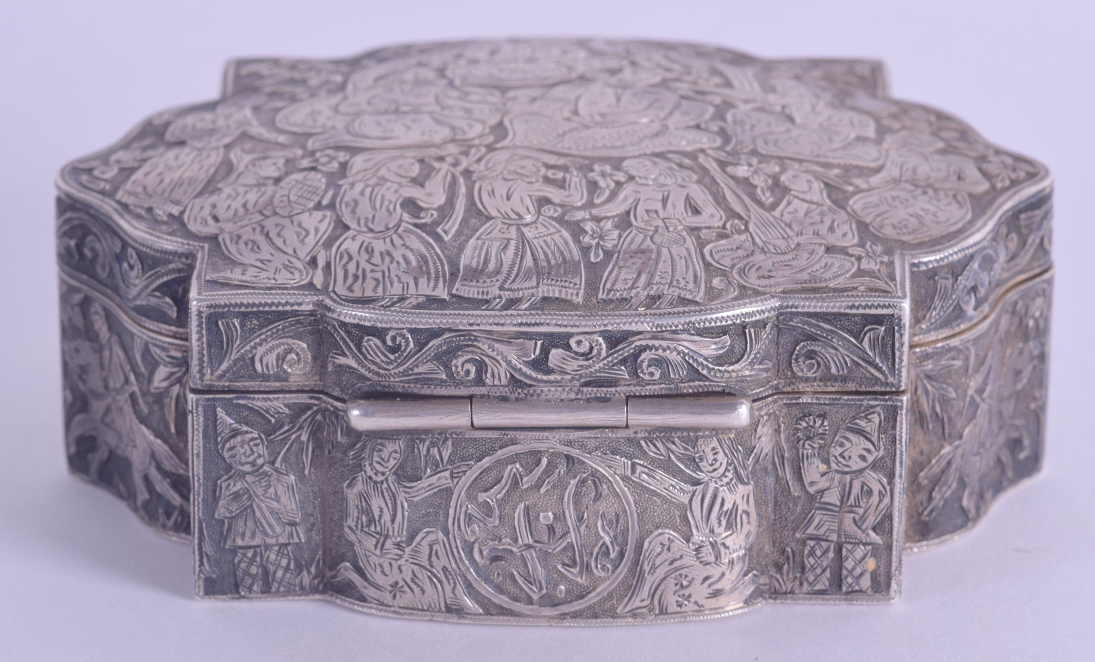 A 19TH CENTURY RUSSIAN SILVER BOX AND COVER decorated with figures ...