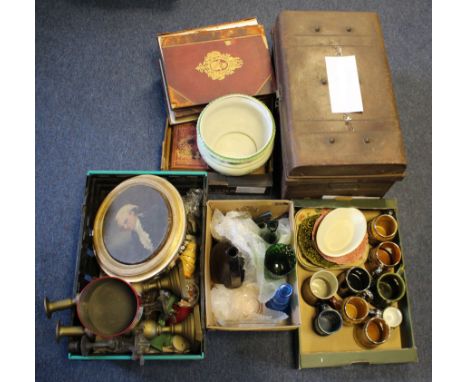 Quantity of miscellaneous items, including glass ware, ceramics, pictures, books, large trunk, candlesticks, etc. (buyer coll