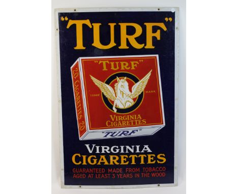 An original 'Turf, Virginia Cigarettes, Guaranteed Made From Tobacco Aged At Least 3 Years In The Wood' enamel advertising si