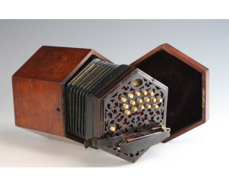 Lachenal & Co. thirty three (33) bone button concertina, with pierced foliate rosewood ends, sixfold leather & paper bellows,