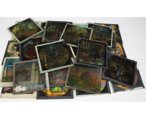 Lantern Slides. Fifty five magic lantern slides, including Aladdin, some damaged