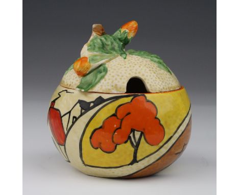 Clarice Cliff Bizarre Fantasque Newport Pottery preserve pot, with lid, a few slight chips to lid, height 9.5cm approx.