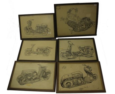 Scooter interest. Ten original ink drawings of scooters and engines, circa 1950s-60s, some pictures are copyrighted 'The Moto