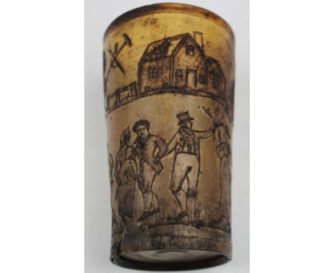 Carved horn beaker, depicting a farm scene with farmers dancing to a fiddle player and children playing on a haystack, circa 