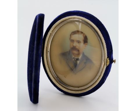 Portrait miniature, oil on ivory, depicting a gentleman, circa late 19th century, unsigned, contained in hinged case, 6.3cm x