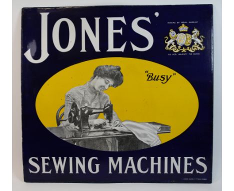 An original 'Jones' Sewing Machines, Busy' enamel advertising sign, depicting a woman sat behind a sewing machine, 81cm x 87c