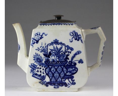 Wedgwood blue and white teapot with pewter lid, diamond mark to base '22 May 1876, bundle 4', small crack to edge, height 15.