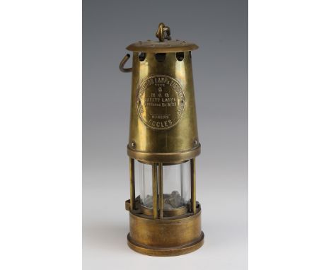 Brass miners lamp 'Protector Lamp & Lighting Co. Ltd, Eccles', height 25cm approx.