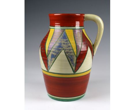 Clarice Cliff Bizarre Newport Pottery hand painted jug with handle, surface wear, height 28.5cm approx.