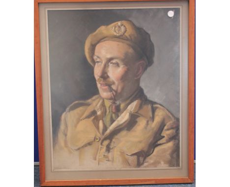 Hunter (P. M., British 20th Century). Original pastel, depicting a military officer from the Royal Engineers smoking a pipe, 