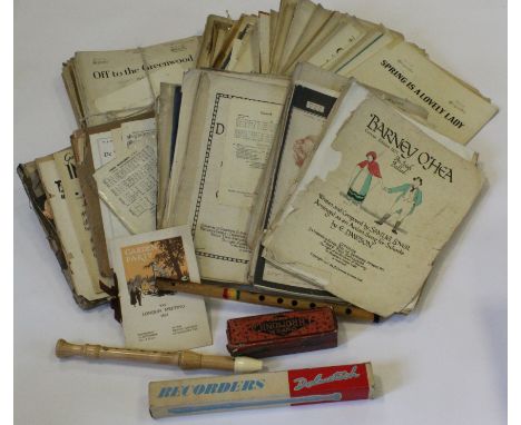 Two boxes of sheet music, circa early 20th century and later, together with a Hohner harmonica, two recorders and a plastic f