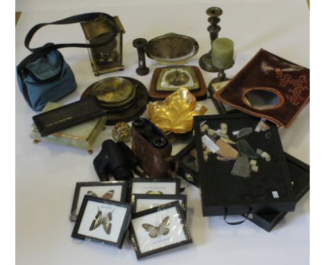 Miscellanea. A large collection of items, including a silver christening set, plated ware, camera equipment, clocks, pipes, e