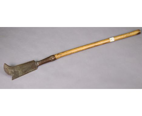 A vintage large 9­½” billhook stamped “Bulldog”, on long turned wooden handle, 47” long over-all.