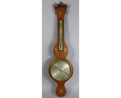 A 19th century marquetry inlaid walnut banjo barometer, the 8” silvered dial inscribed “C. Zappa Fecit”, with brass thermomet