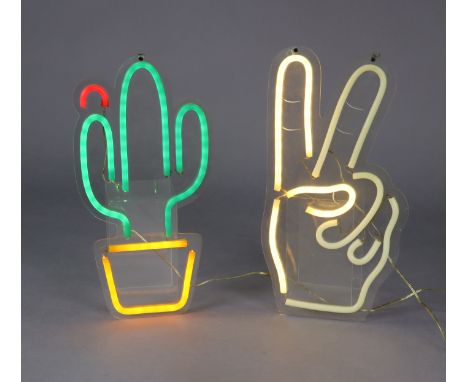 Two vintage hanging led signs – a cactus, &amp; a victory hand, each approx. 16” x 9” (in need of re-wiring – victory hand do
