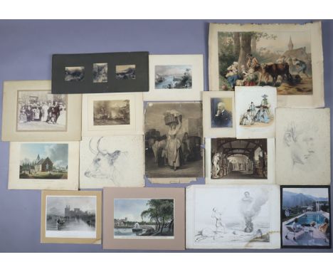 Fifteen various vintage prints, illustrations, &amp; family photographs.