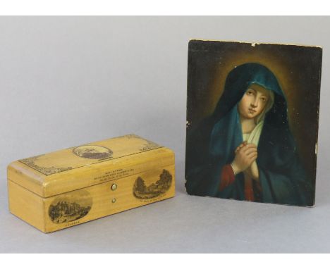 A Victorian Mauchline ware satinwood rectangular trinket box with printed view of “Burn’s monument” to the hinged lift-lid, &