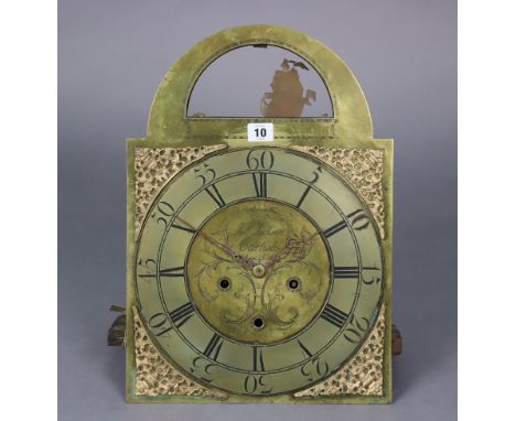 A vintage brass longcase clock dial &amp; movement with rocking ship automaton, &amp; signed Jos Jackson Carlisle, 12¾” wide 