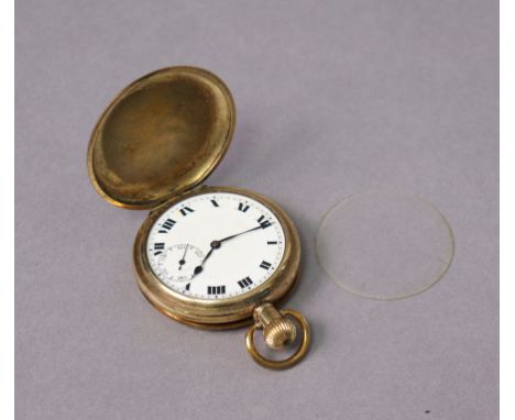 A vintage gent’s hunter pocket watch with black roman numerals to the white enamel dial, &amp; in yellow-metal case.