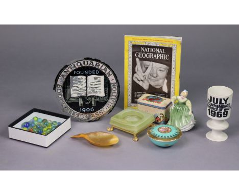 A small collection of vintage marbles; a 1969 Prince of Wales commemorative goblet; a vintage vere eglomise sign “Antiquarian