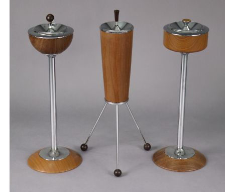 Three vintage wooden &amp; silvered-metal floor-standing ashtrays.