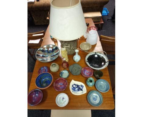 A Collection of Studio pottery bowls, vases and table lamp. 