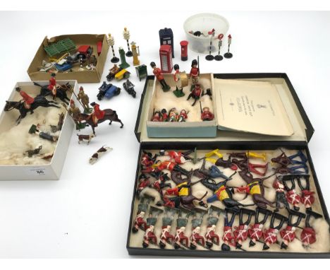 A Collection of various Britains lead hand painted soldiers, horses, Dinky police, telephone and post box trio, Hornby platfo