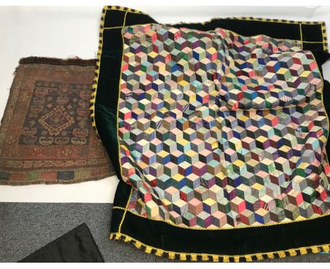 Antique Patchwork table top cover with green velvet boarder, Together with a 19th century Persian hand knotted panel.