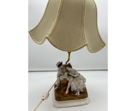 An early 20th century porcelain group figurine table lamp. 