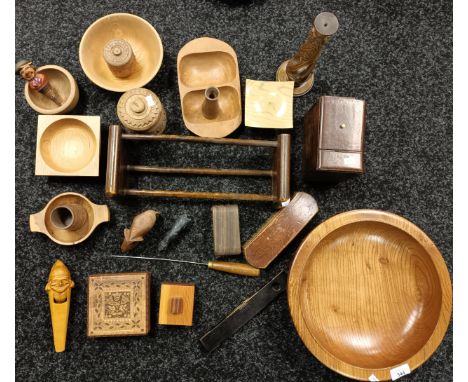 A Selection of treen collectables to include elm wood bowl by S. Morris- Pitcaple, German carved nut cracker, Art Deco book s