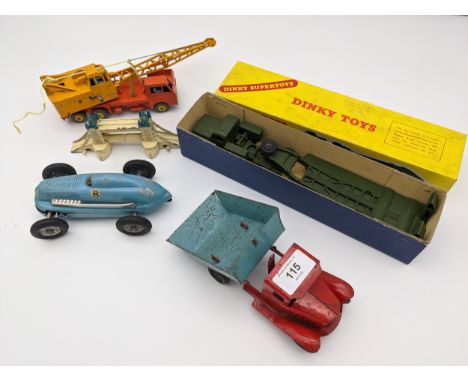 Mixed lot of play worn toys to include; tin plate racing car, Dinky Tank Transporter with box, Dinky lorry-mounted crane, dum